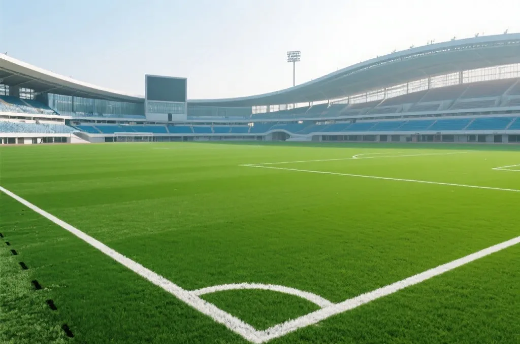 A generic modern soccer stadium pitch with green grass under stadium lights representing global football tournament